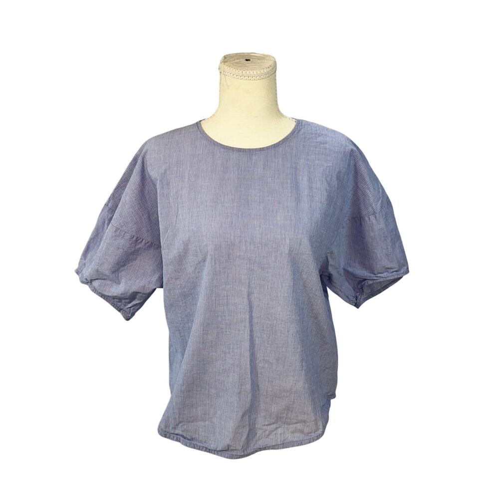 Muji Pinstripe Puff Sleeve Cropped Cotton Blouse XS Blue White Top Minimalist